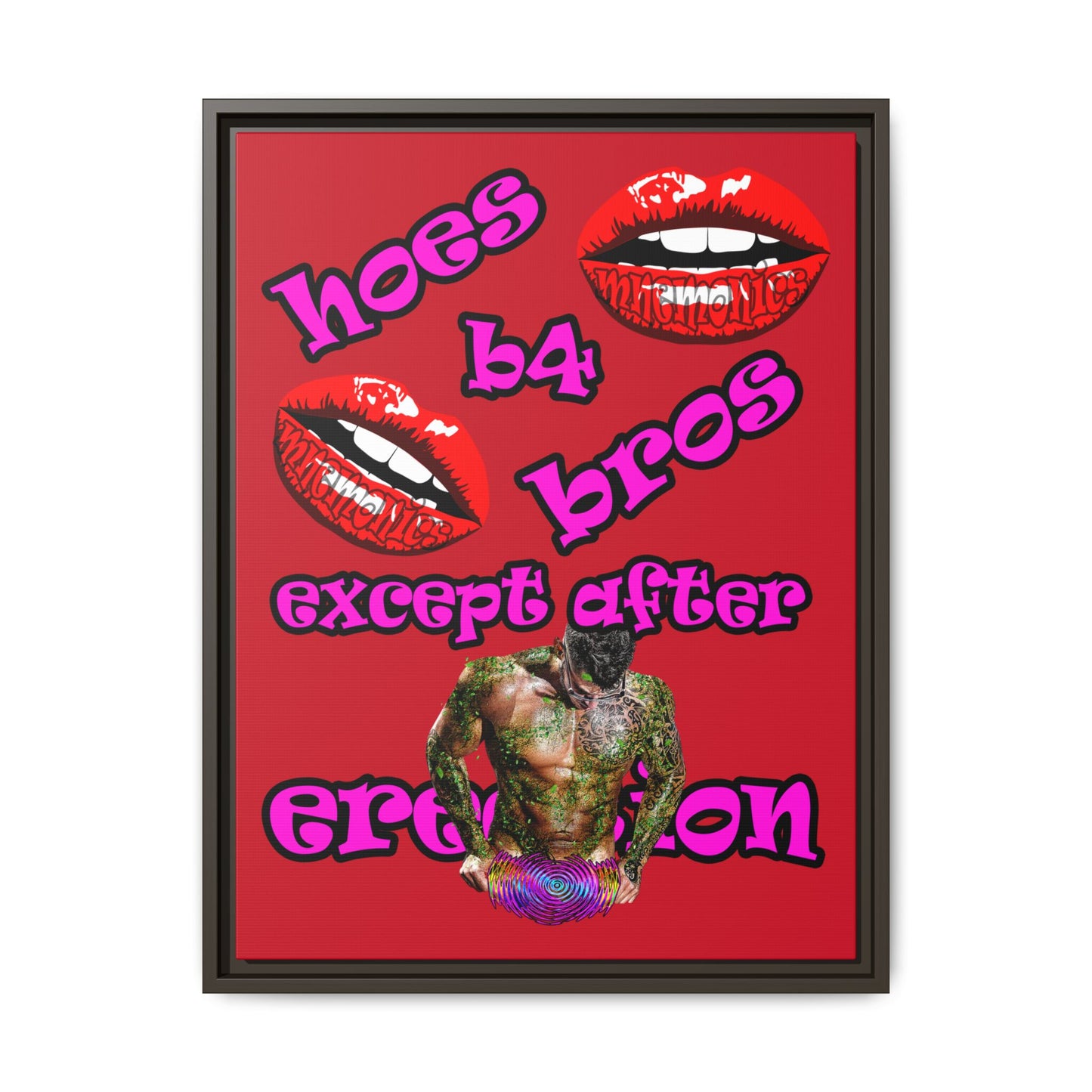 hoes b4 bros - framed canvas art (dark red)
