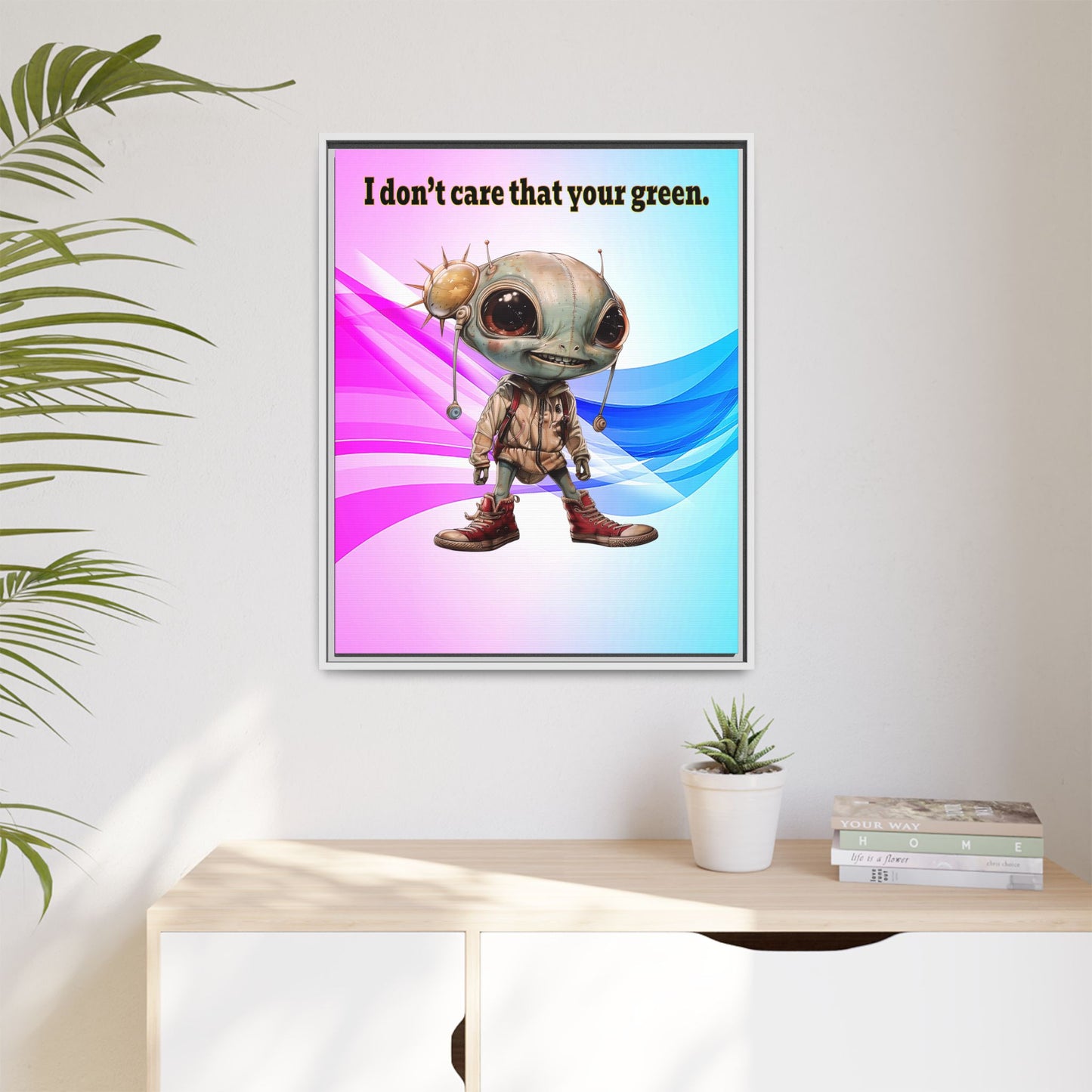 I don't care that your green - framed canvas art (light blue-pink wave)