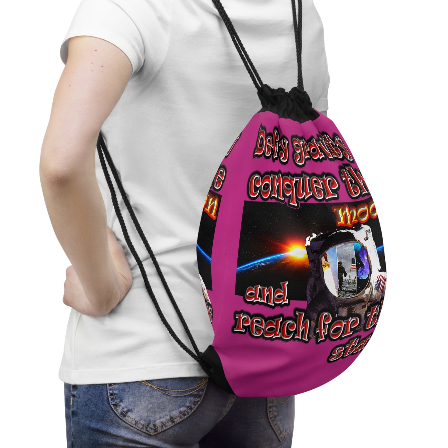defy conquer reach - Drawstring Bag (pink)