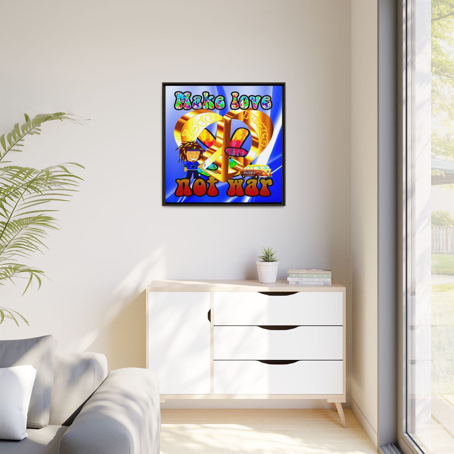 love peace - framed canvas art (blue-white wave)