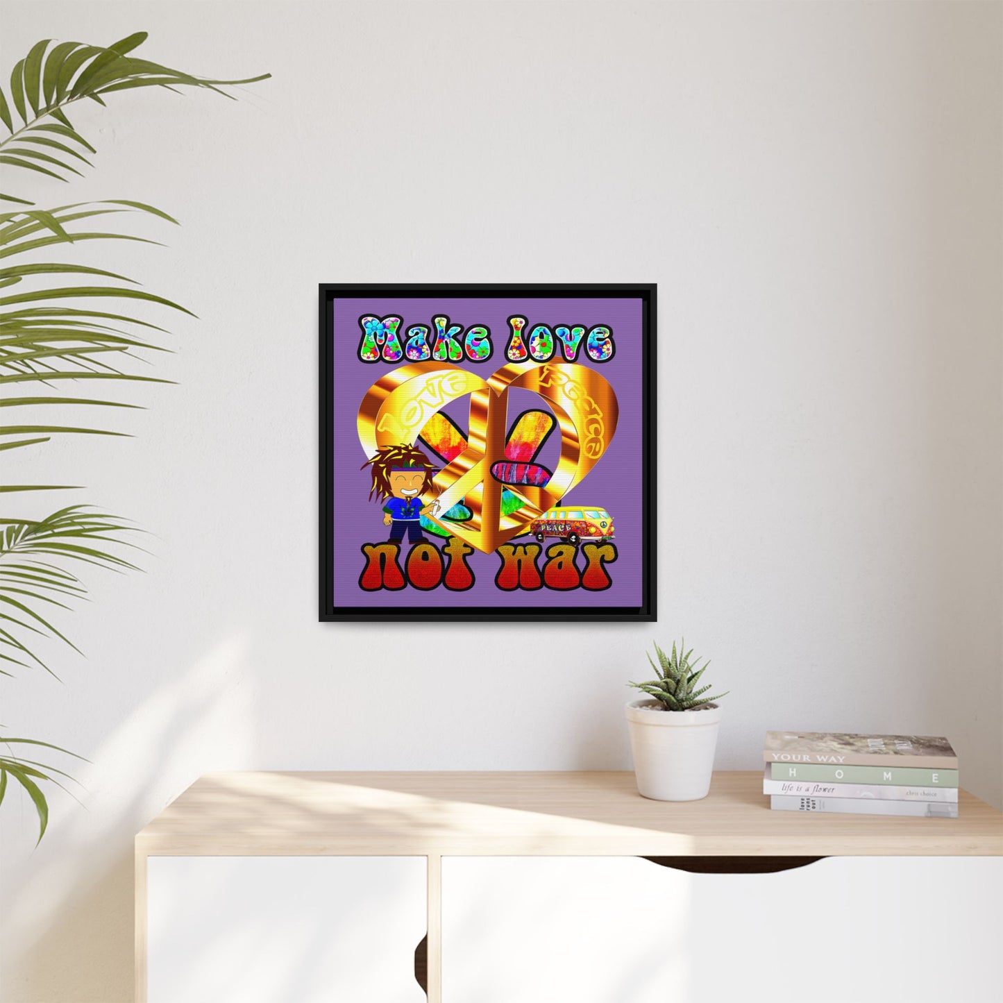 love peace - framed canvas art (light purple)