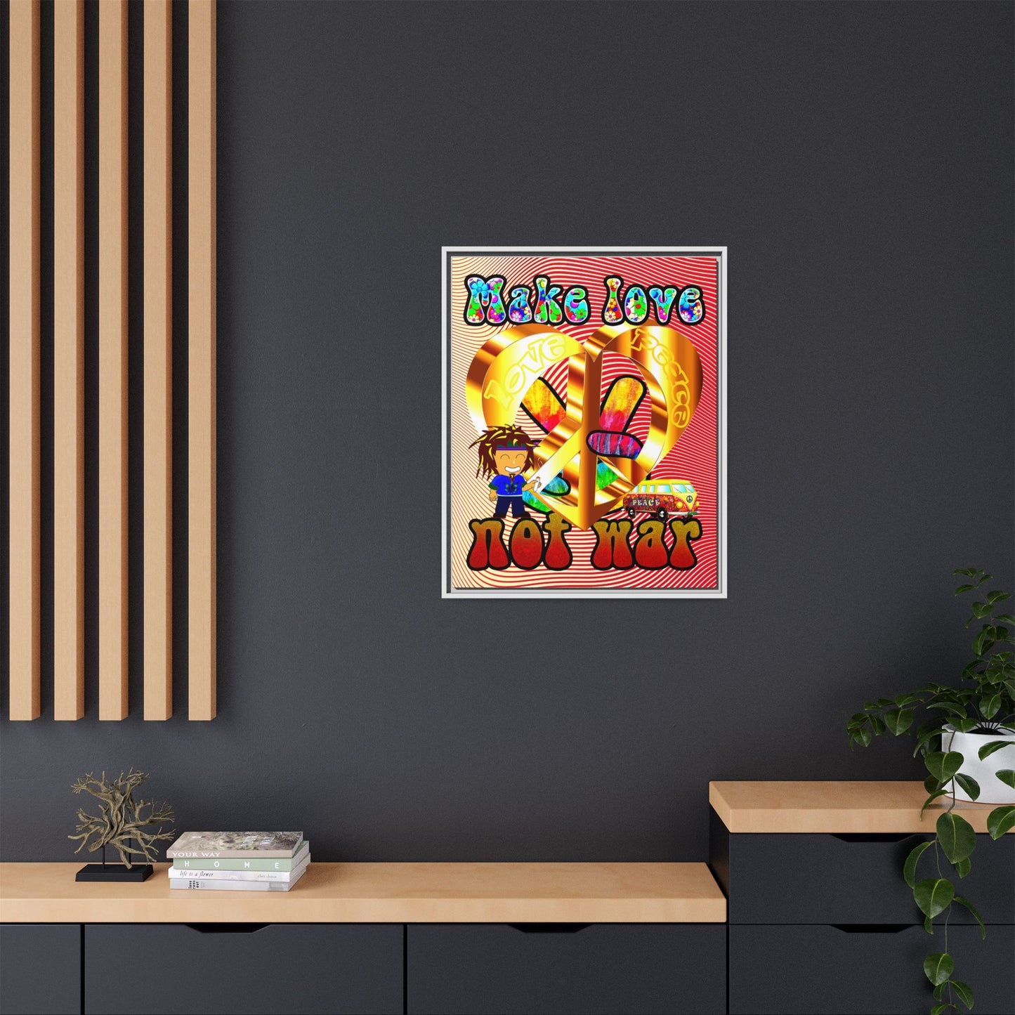love peace - framed canvas art (yellow-orange wave)
