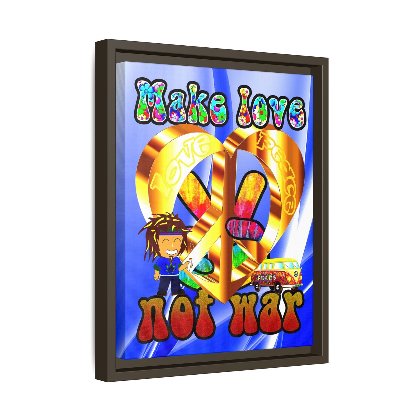 love peace - framed canvas art (blue-white wave)