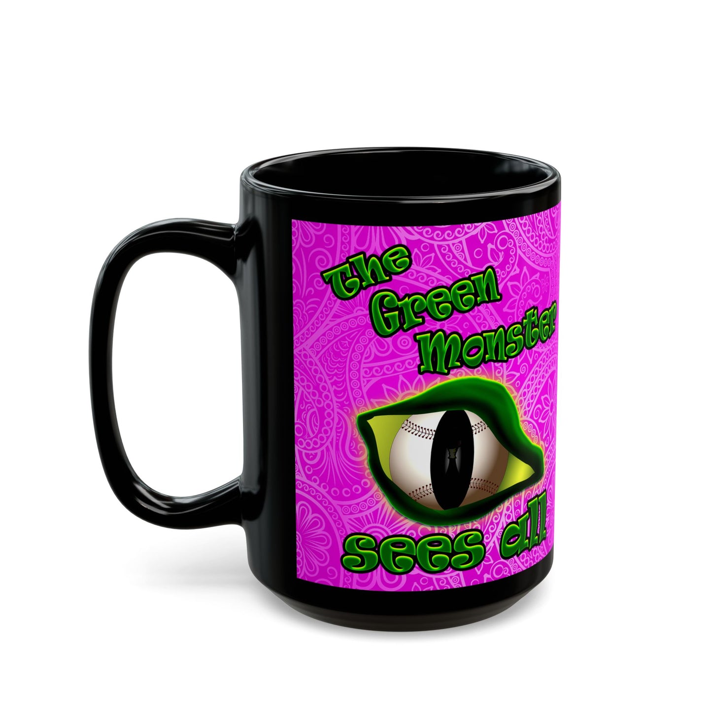green monster - Black Mug (pink swirl)