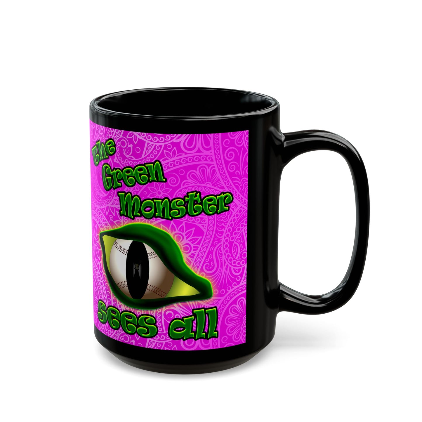 green monster - Black Mug (pink swirl)