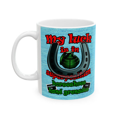 my luck - White Mug (faded dark blue)