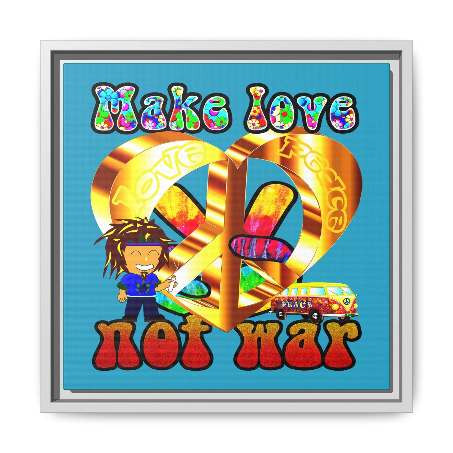 love peace - framed canvas art (turquoise)
