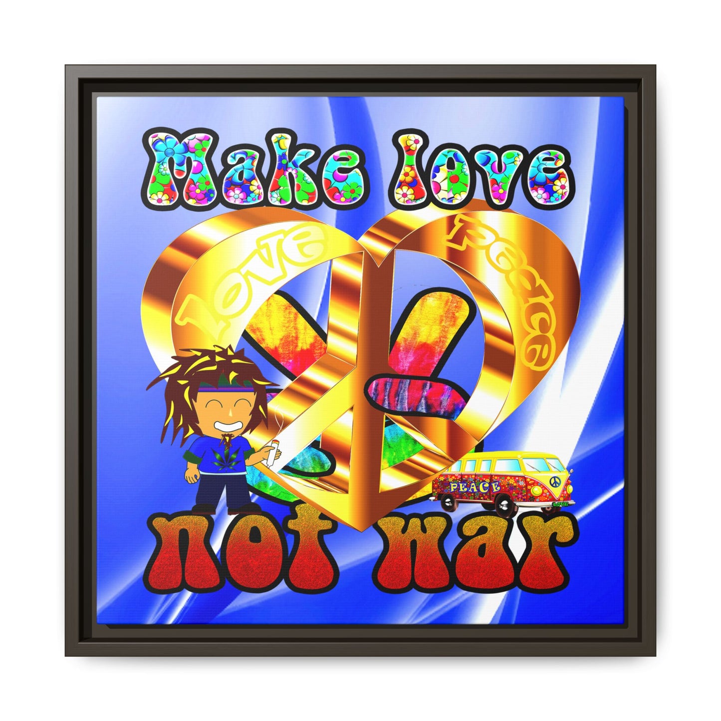 love peace - framed canvas art (blue-white wave)