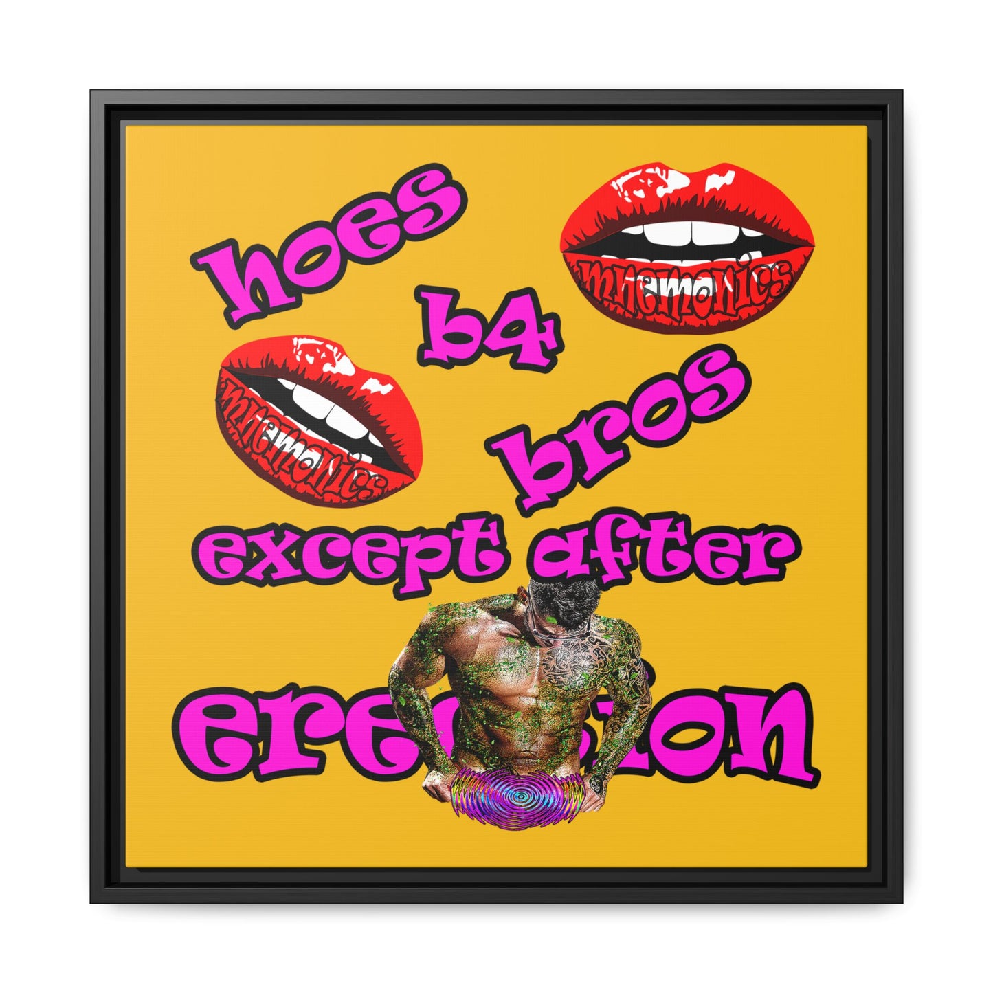 hoes b4 bros - framed canvas art (yellow)