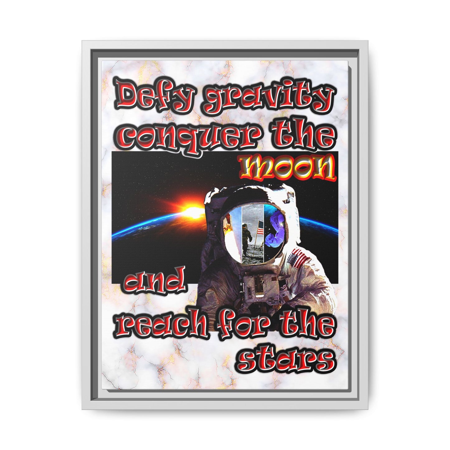 defy conquer reach - framed canvas art (white marble)