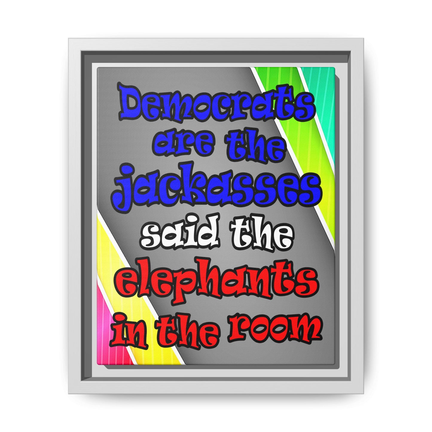 donkeys and elephants - framed canvas art (rainbow split)