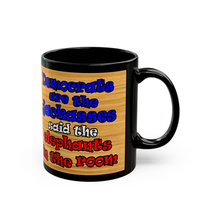 donkeys and elephants - Black Mug (butterscotch wood finish)