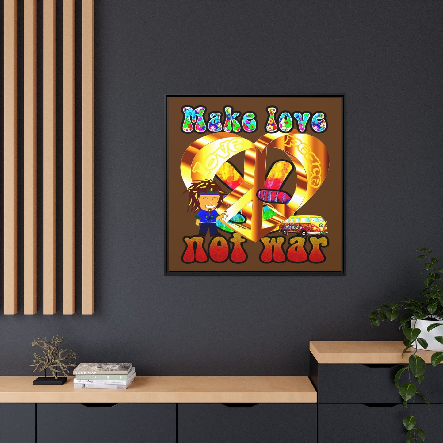 love peace - framed canvas art (brown)