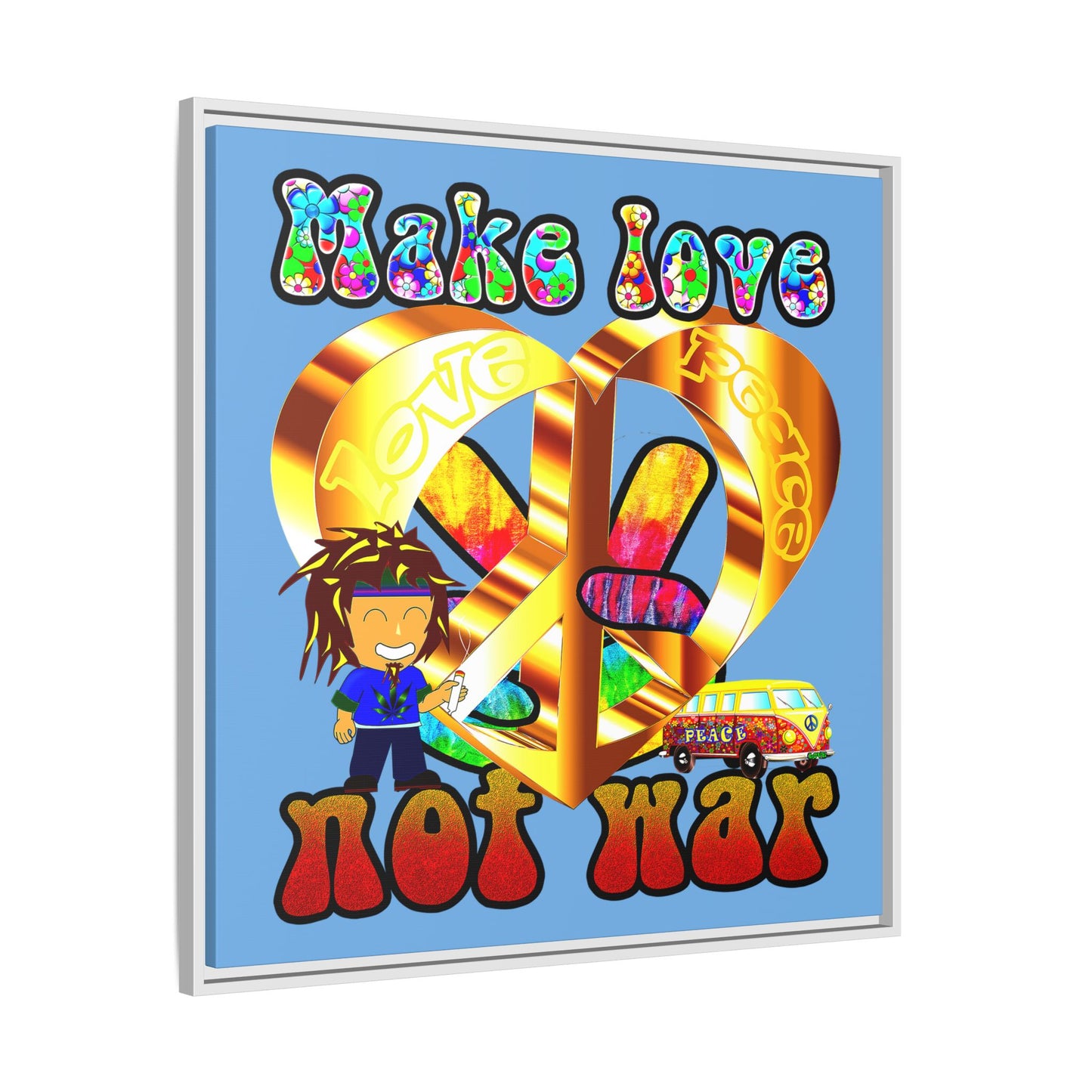 love peace - framed canvas art (light blue)
