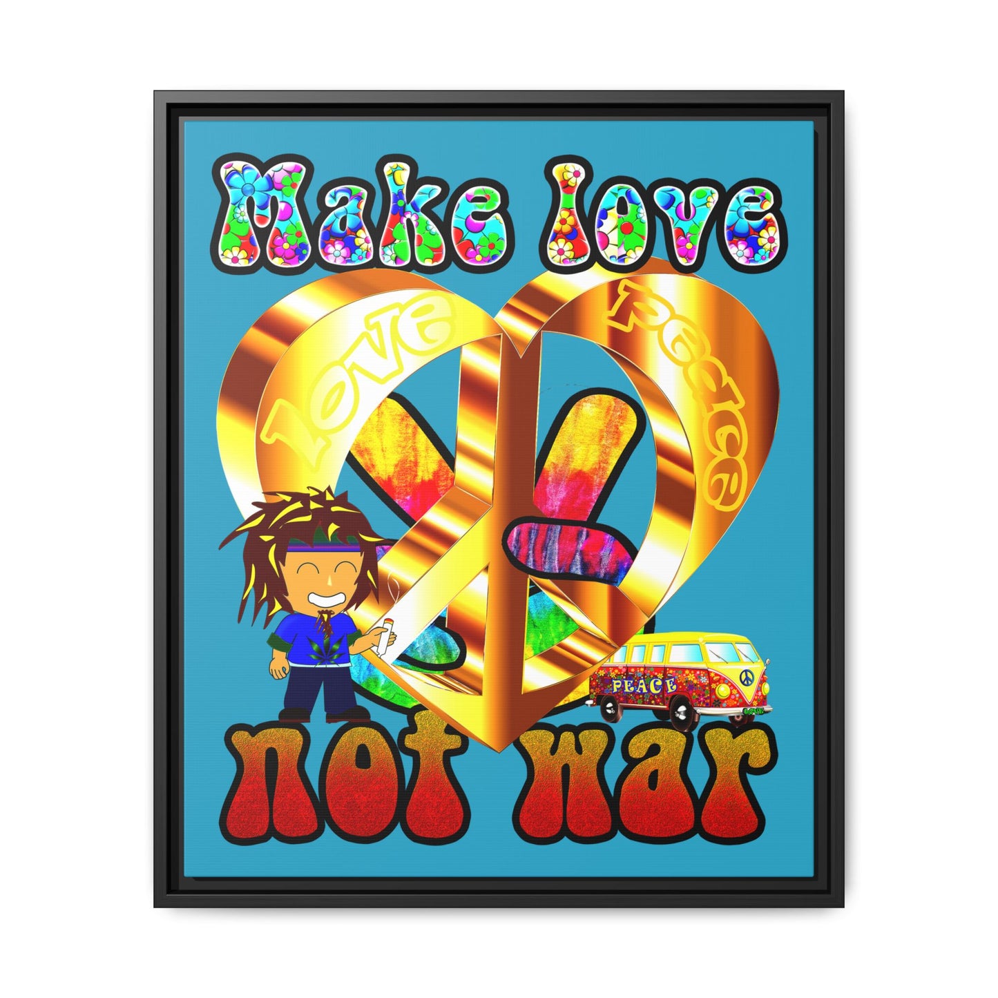 love peace - framed canvas art (turquoise)