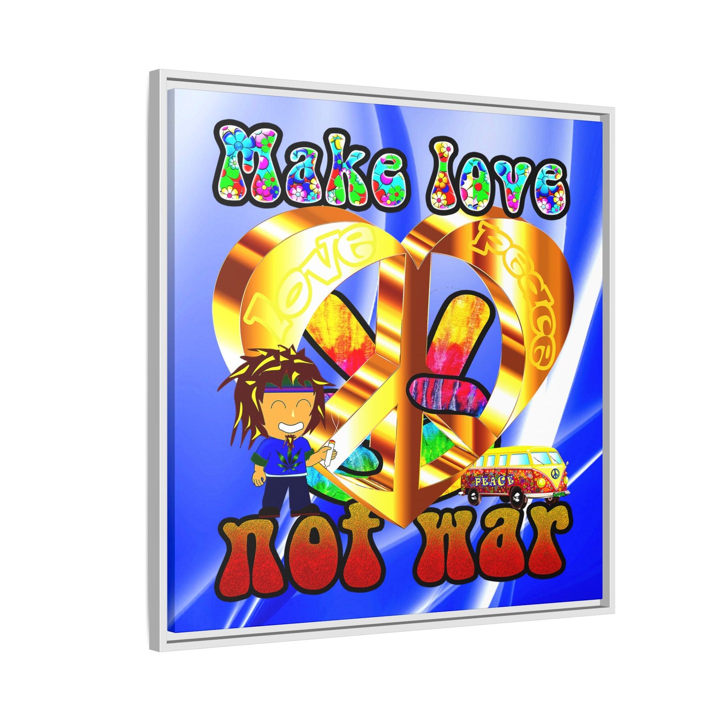 love peace - framed canvas art (blue-white wave)