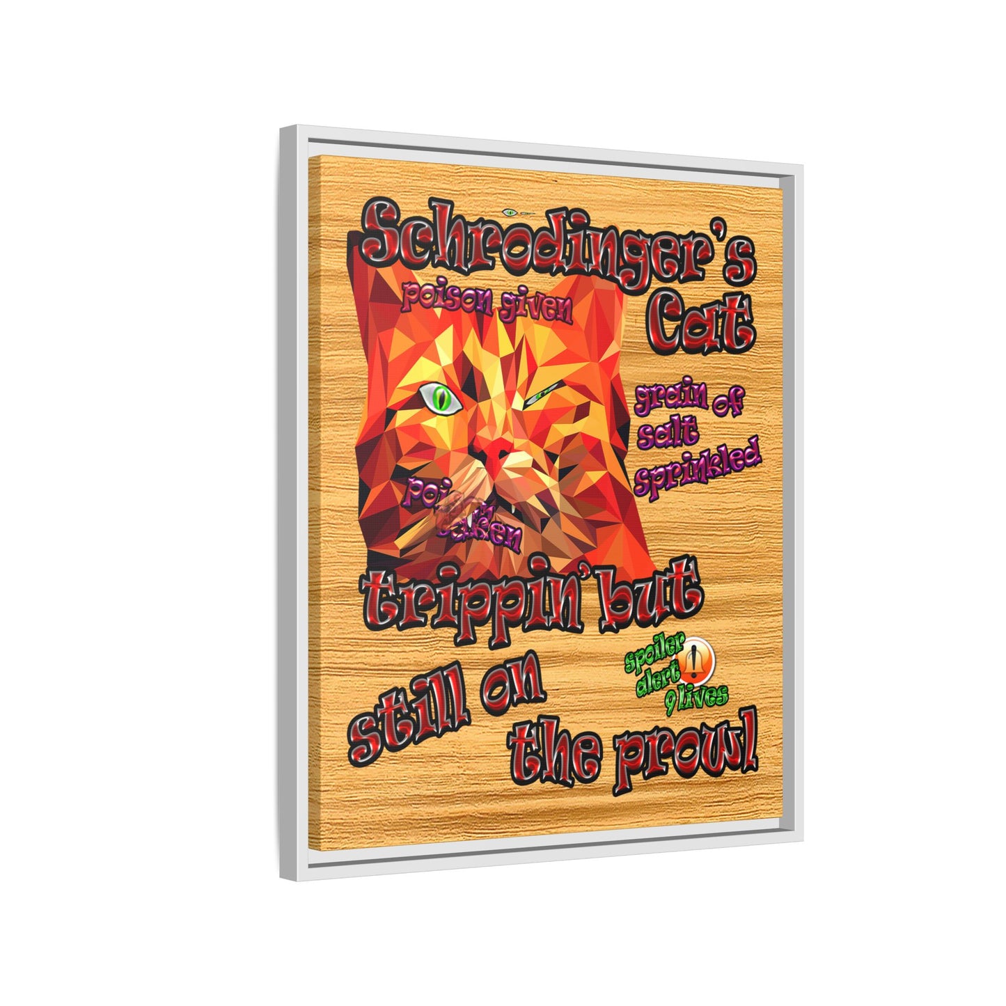 schrodinger's cat - framed canvas art (butterscotch wood finish)