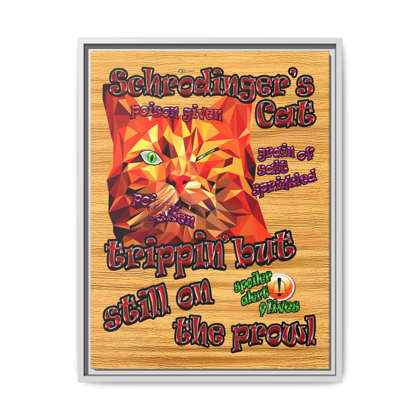 schrodinger's cat - framed canvas art (butterscotch wood finish)