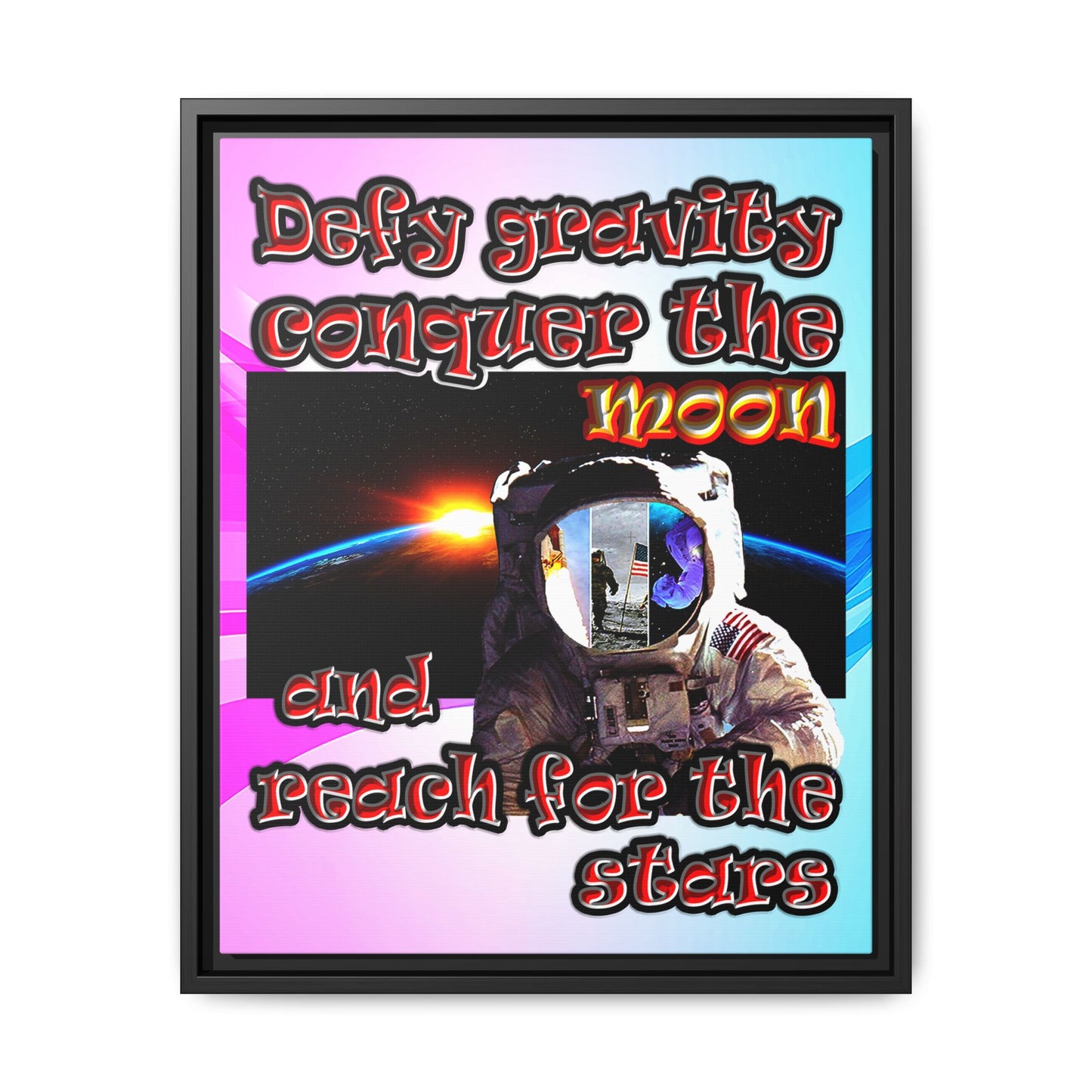 defy conquer reach - framed canvas art (light blue-pink wave)