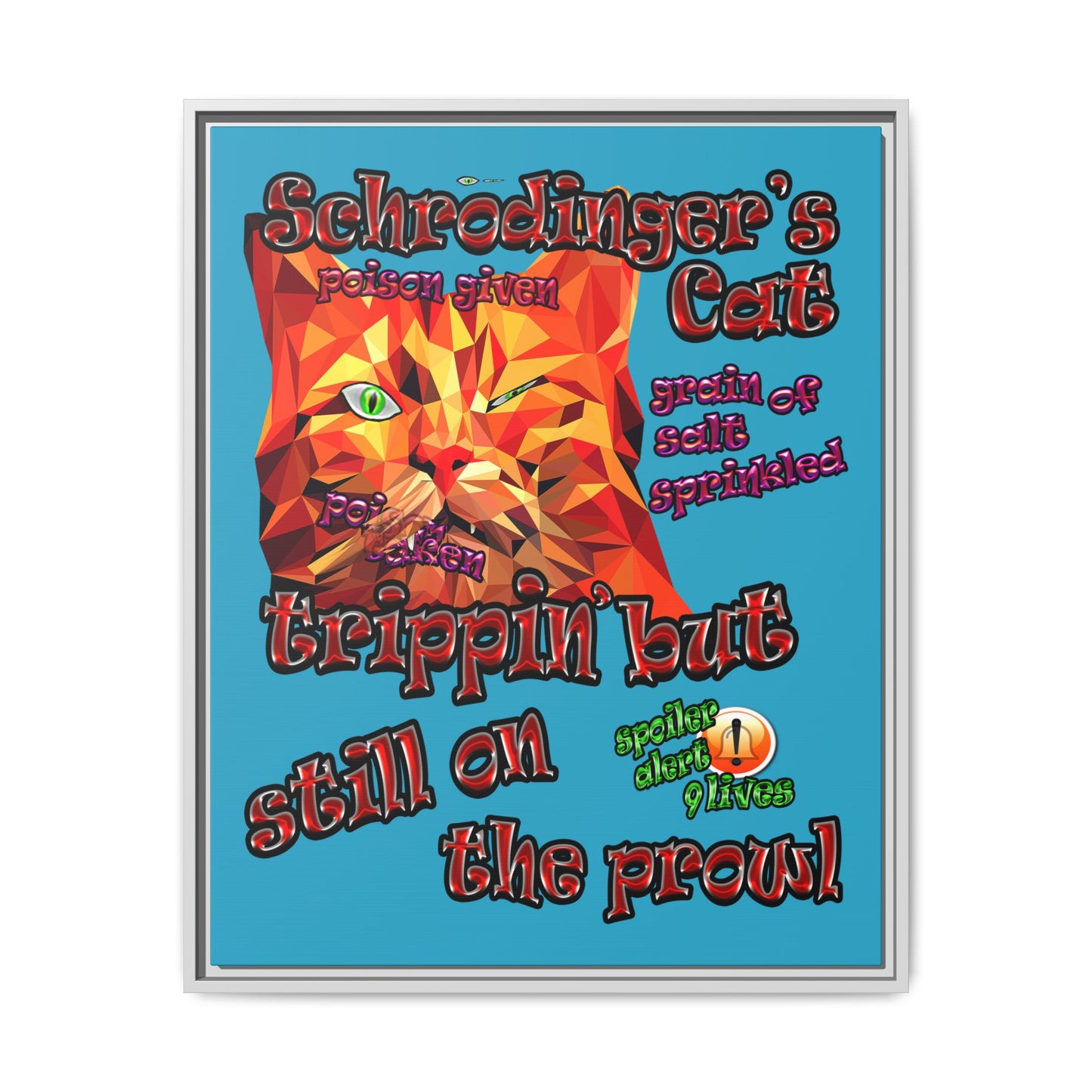 schrodinger's cat - framed canvas art (turquoise)