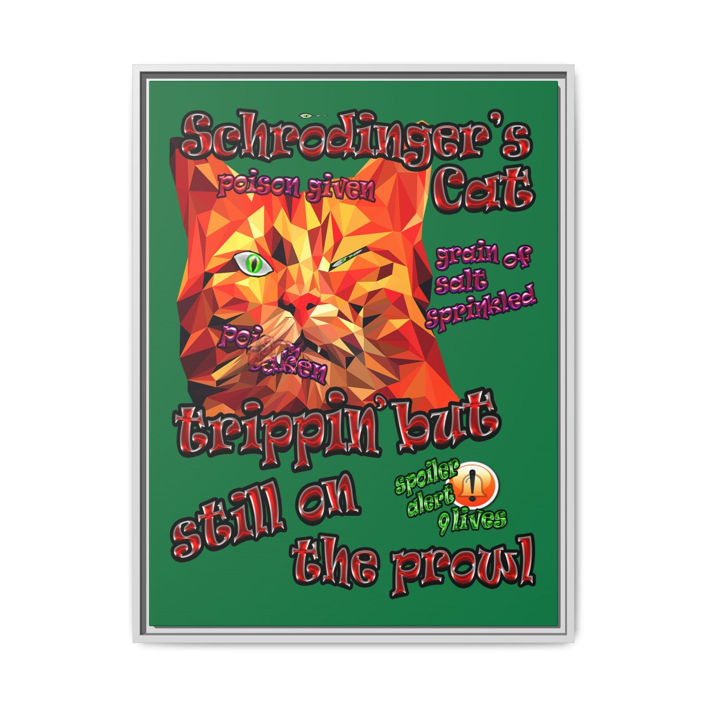 schrodinger's cat - framed canvas art (dark green)