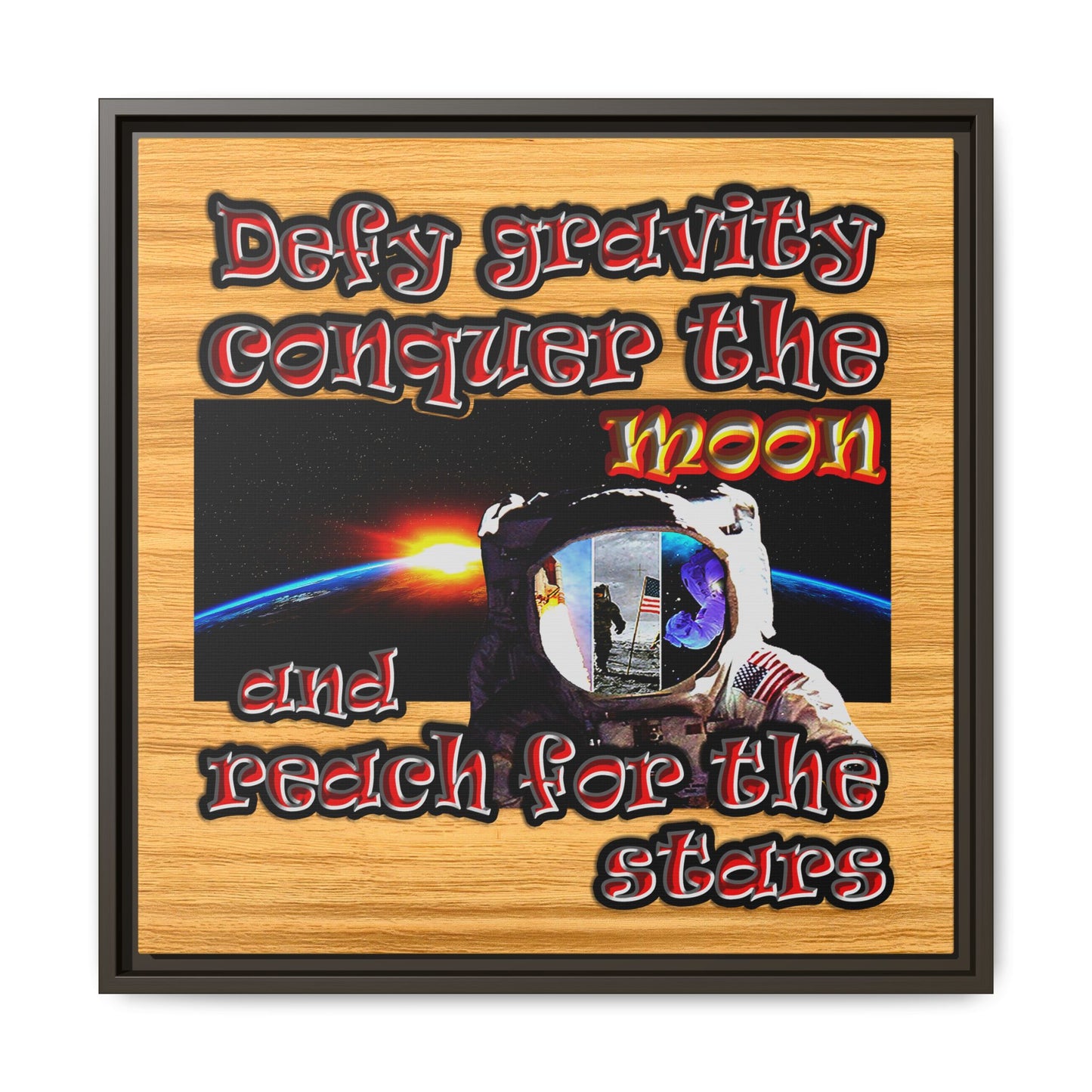 defy conquer reach - framed canvas art (butterscotch wood finish)