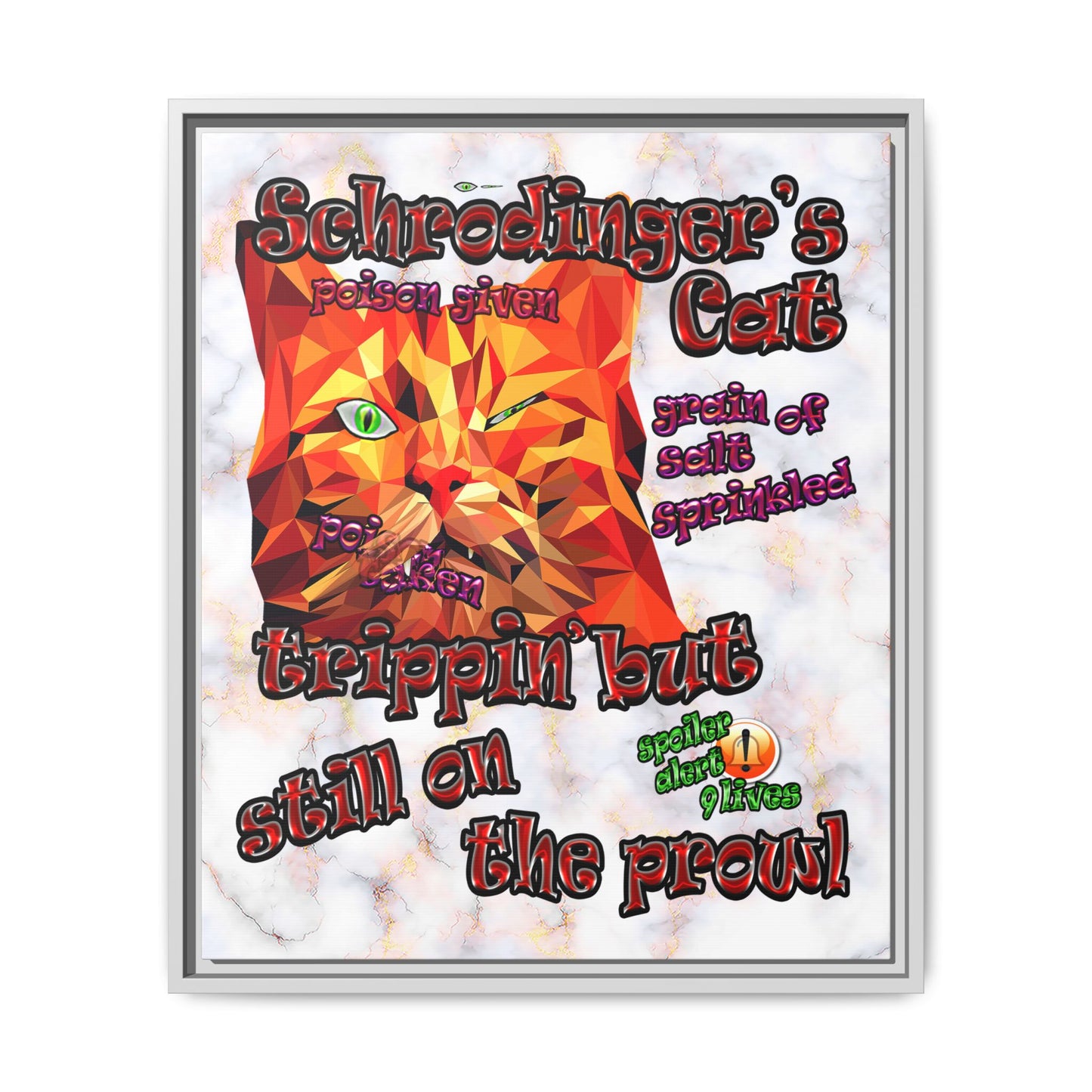 schrodinger's cat - framed canvas art (white marble)