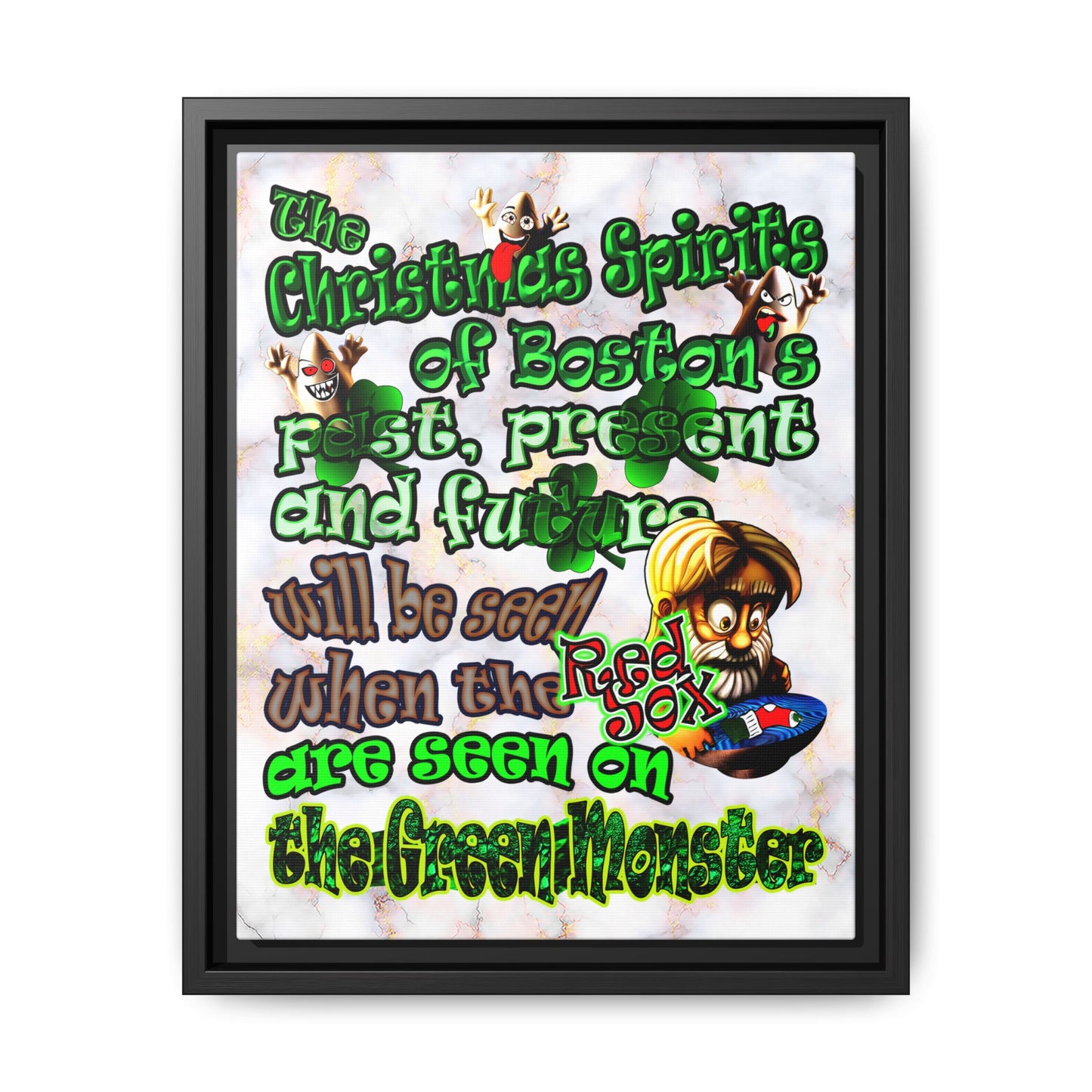 christmas spirits of boston - framed canvas art (white marble)