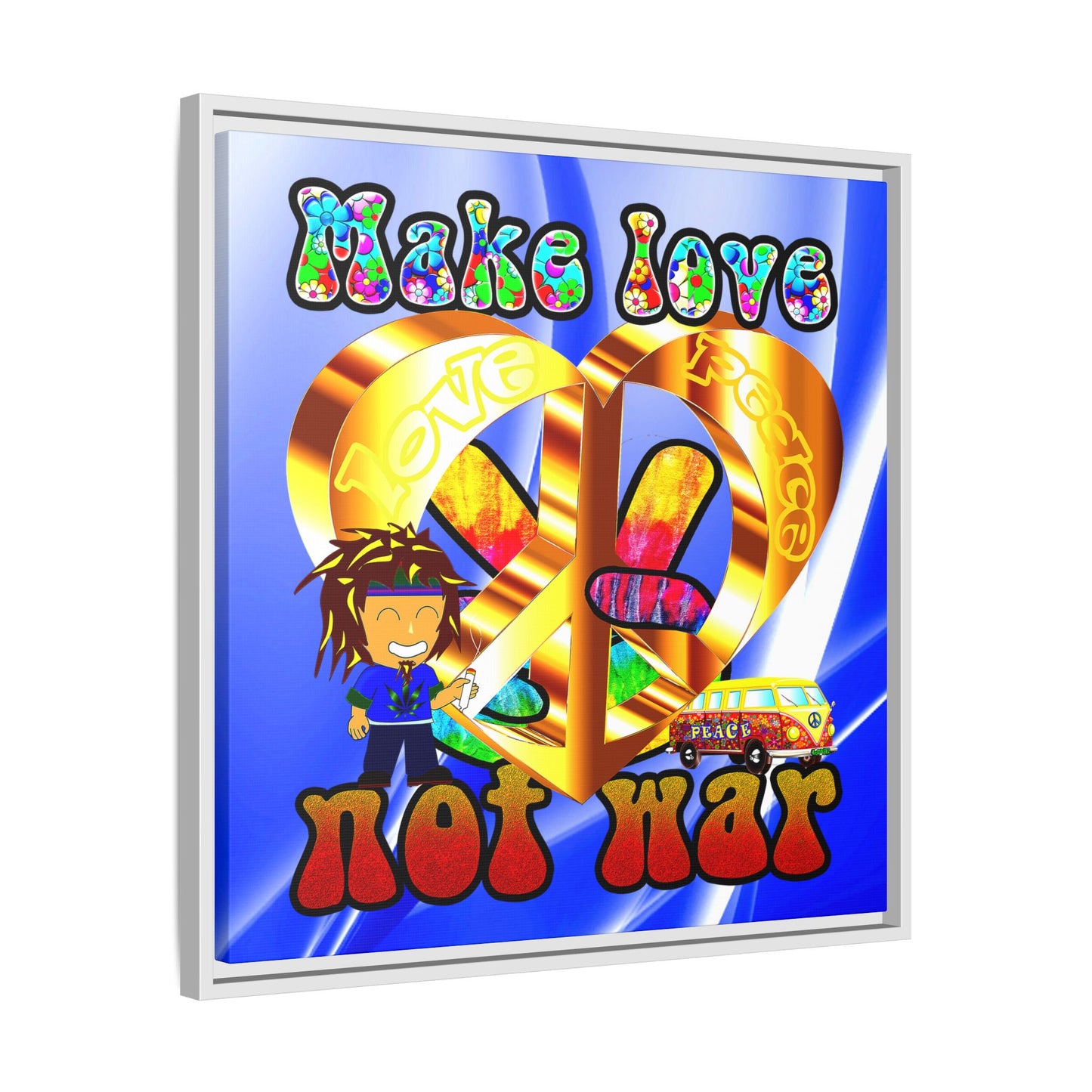 love peace - framed canvas art (blue-white wave)