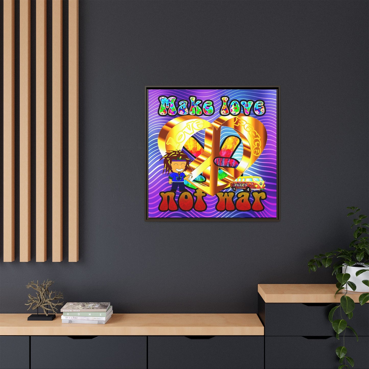 love peace - framed canvas art (purple wave)