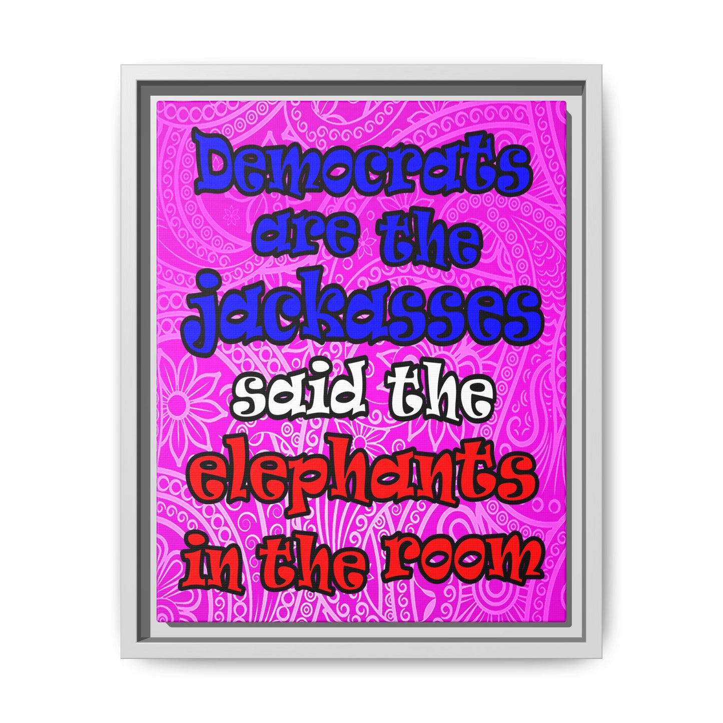 donkeys and elephants - framed canvas art (pink swirl)