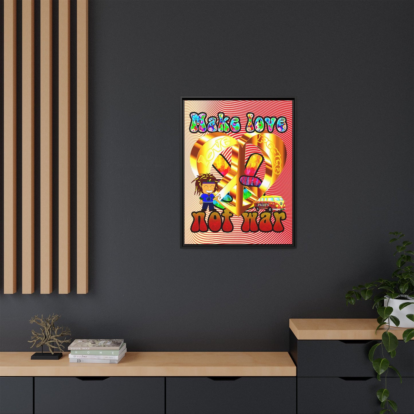 love peace - framed canvas art (yellow-orange wave)