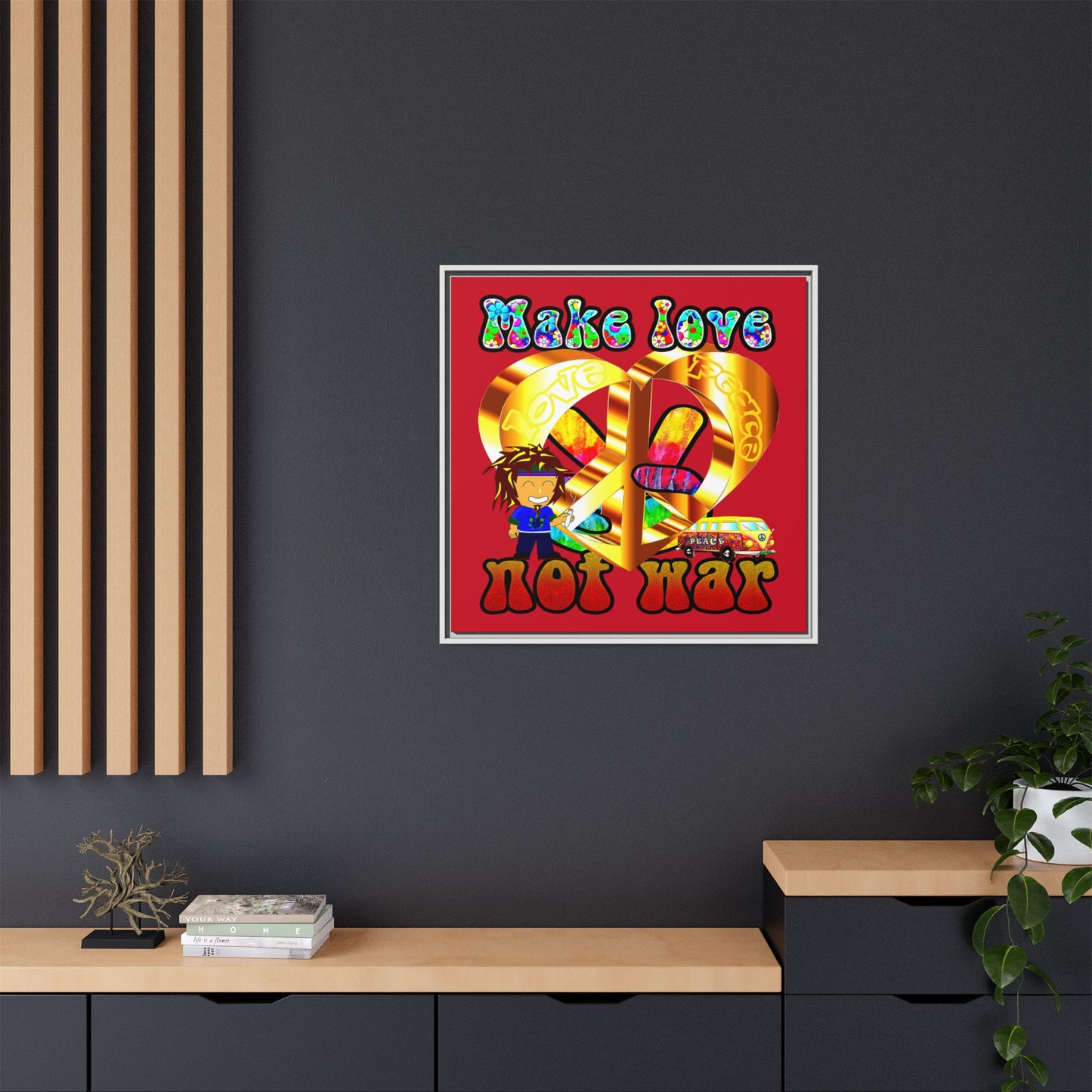 love peace - framed canvas art (dark red)