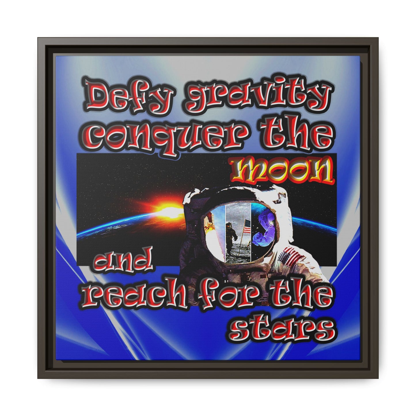 defy conquer reach - framed canvas art (blue-white wave)