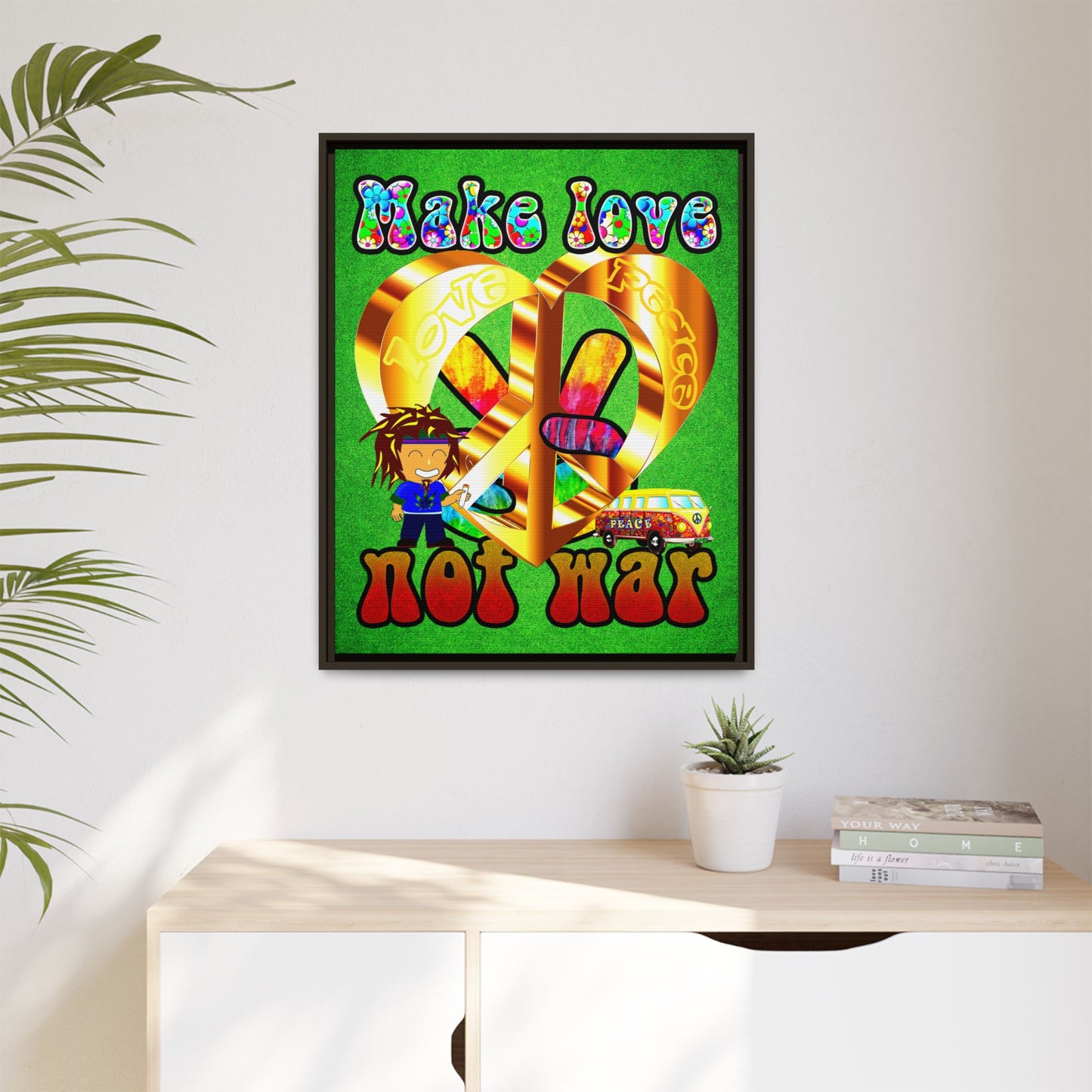 love peace - framed canvas art (green turf)