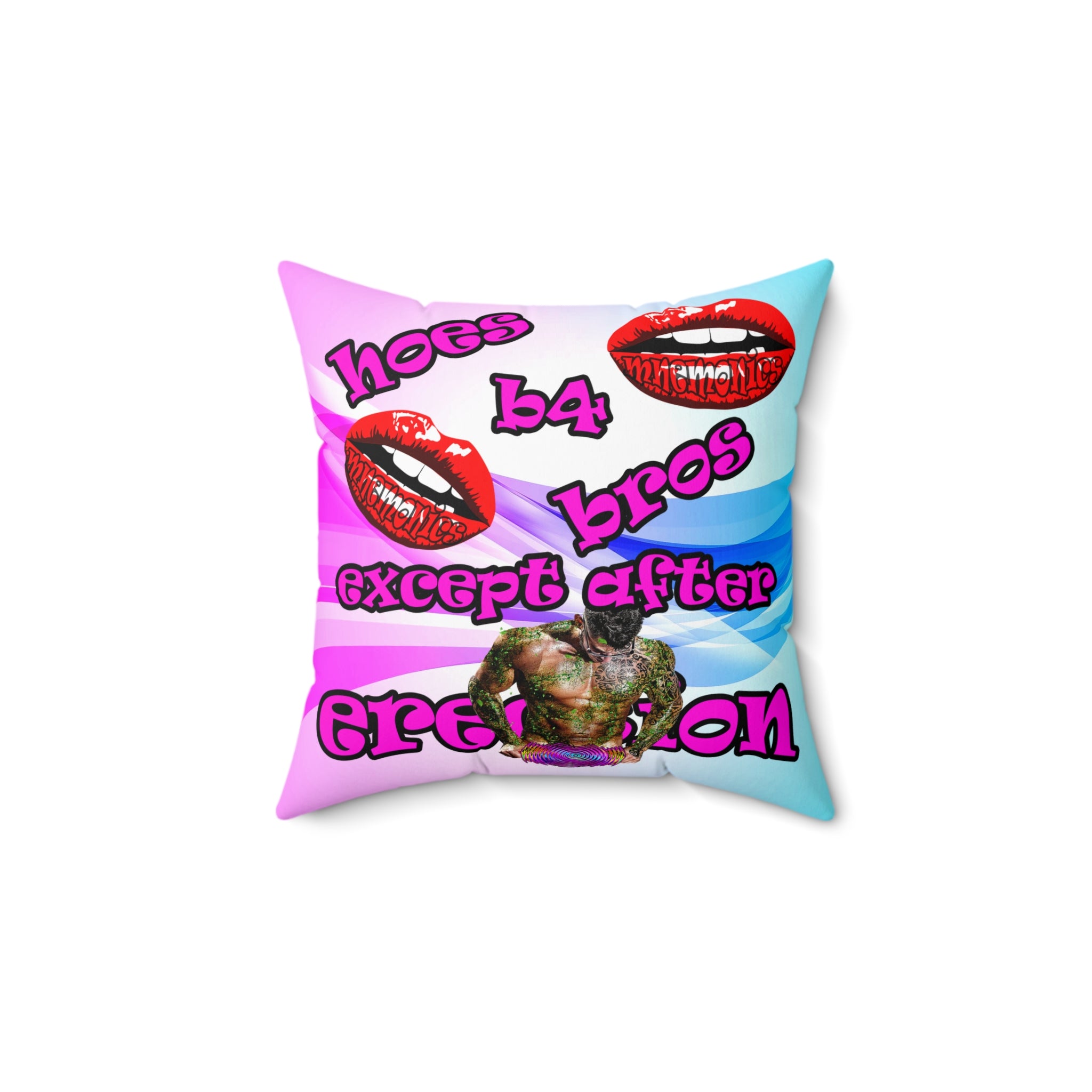 hoes b4 bros - Spun Polyester Square Pillow - (light blue-pink wave)
