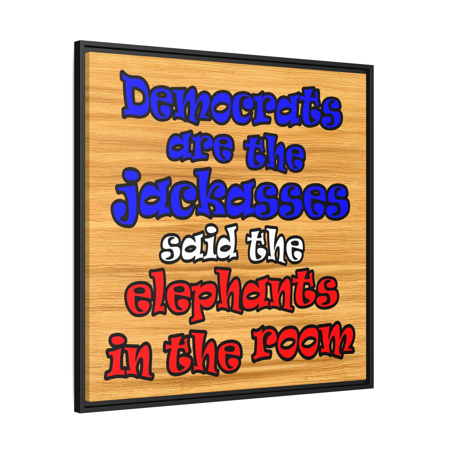 donkeys and elephants - framed canvas art (butterscotch wood finish)