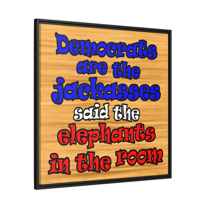donkeys and elephants - framed canvas art (butterscotch wood finish)