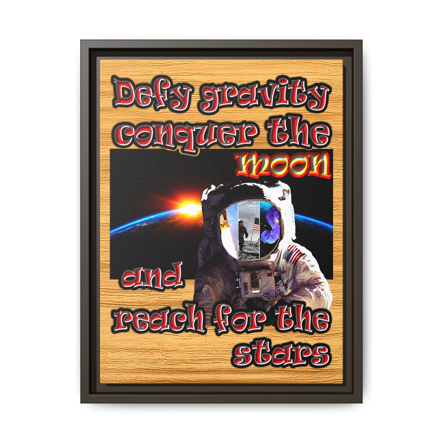 defy conquer reach - framed canvas art (butterscotch wood finish)