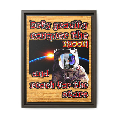 defy conquer reach - framed canvas art (butterscotch wood finish)