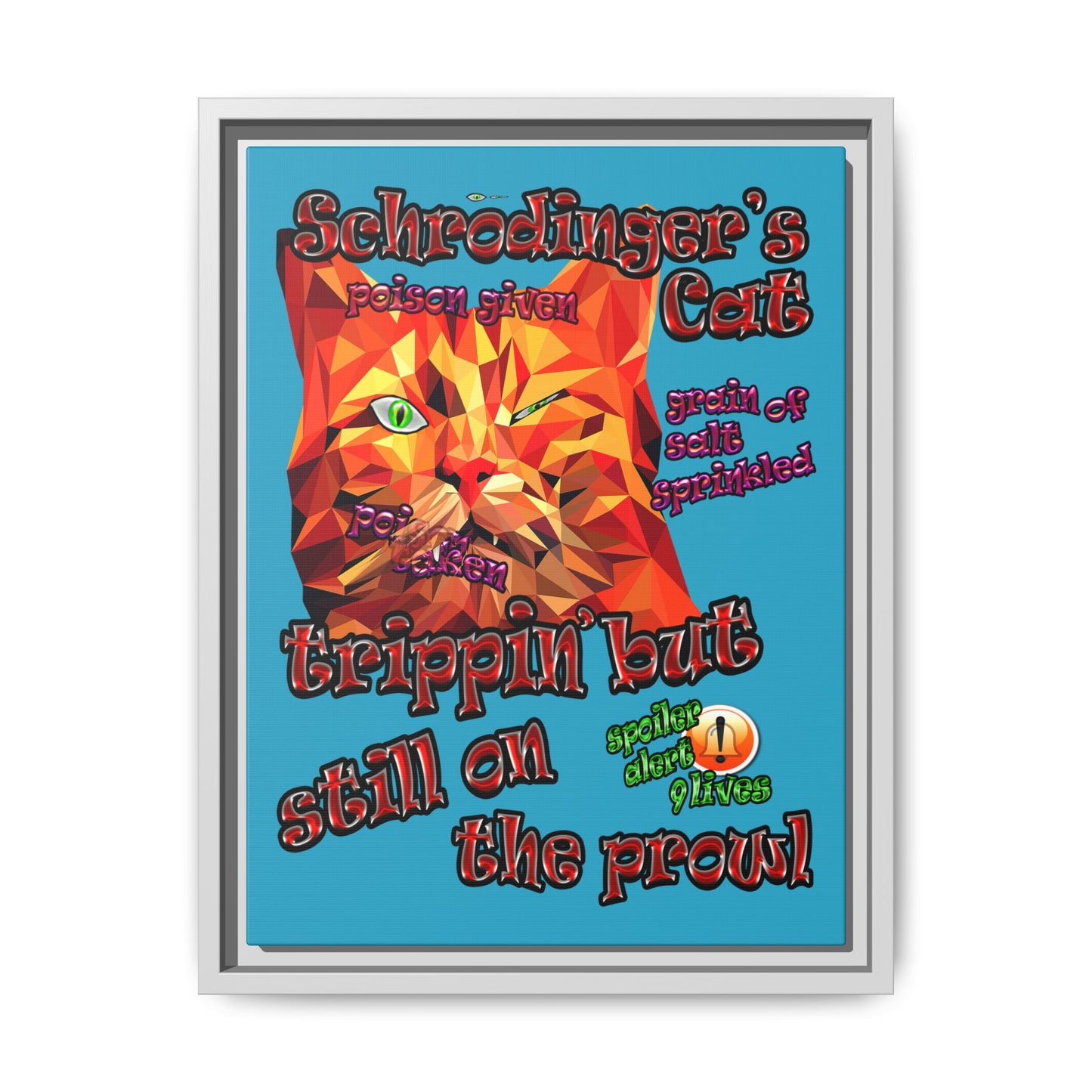 schrodinger's cat - framed canvas art (turquoise)
