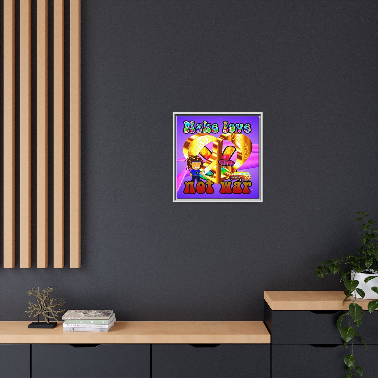 love peace - framed canvas art (purple-pink wave)