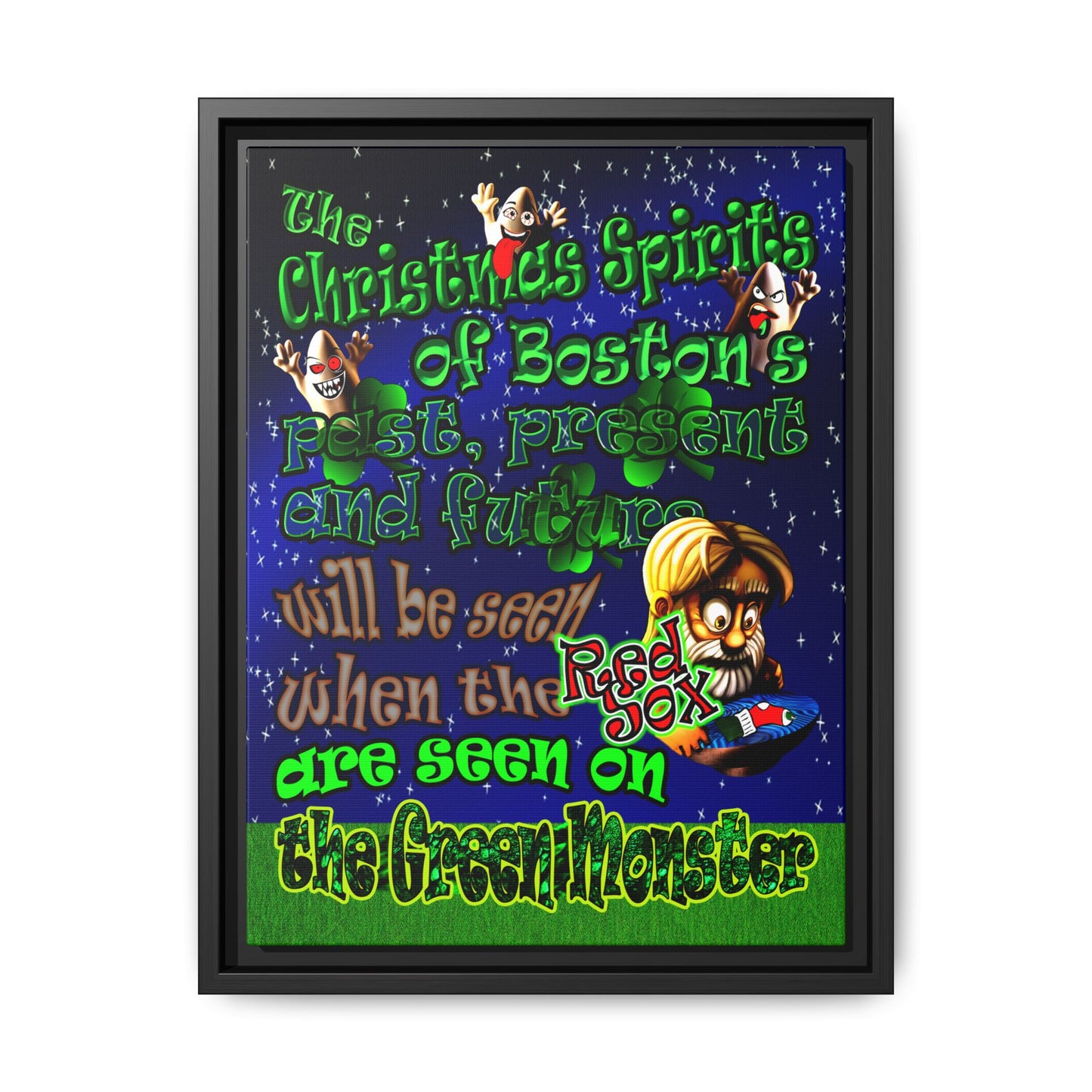 christmas spirits of boston - framed canvas art ('snoops' background)
