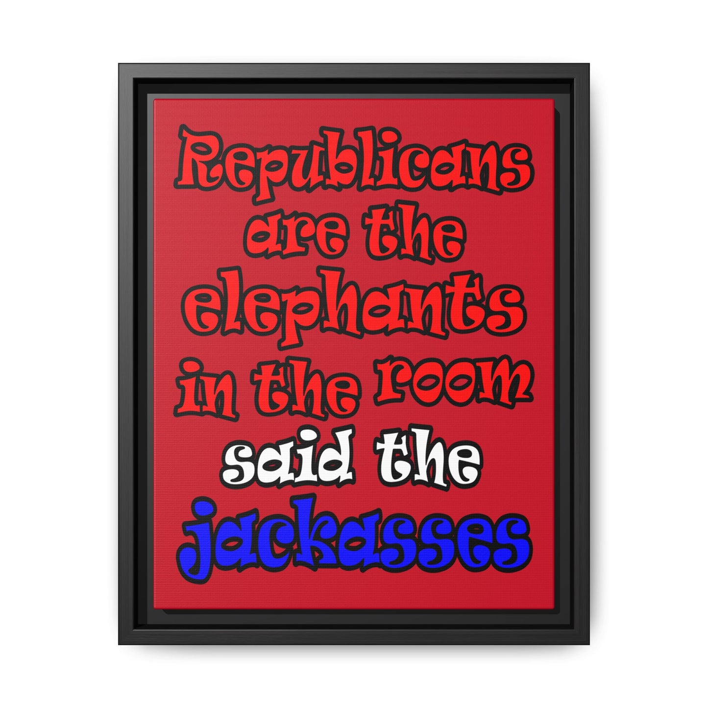 donkeys and elephants - framed canvas art (dark red)