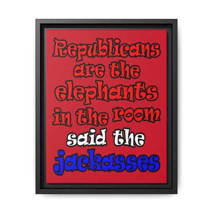 donkeys and elephants - framed canvas art (dark red)