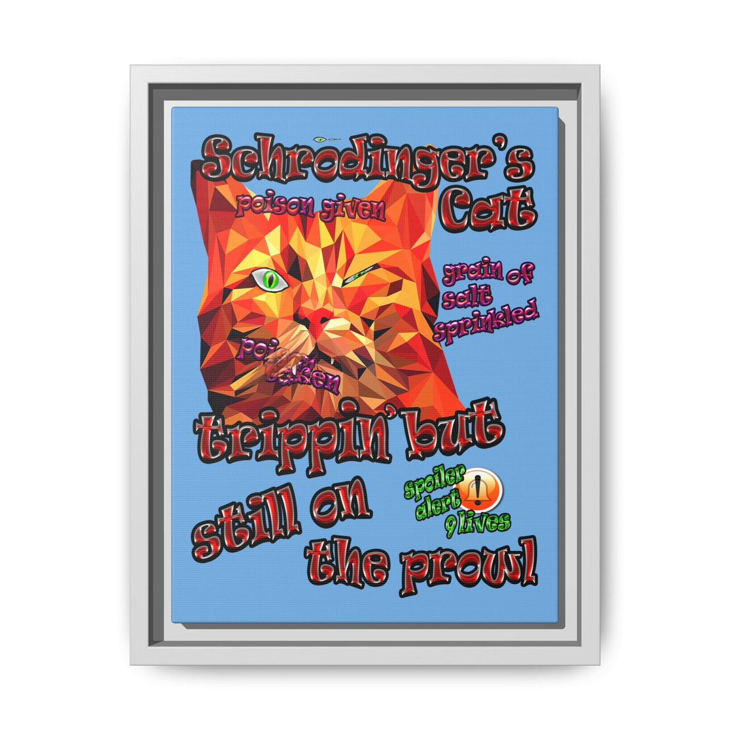 schrodinger's cat - framed canvas art (light blue)