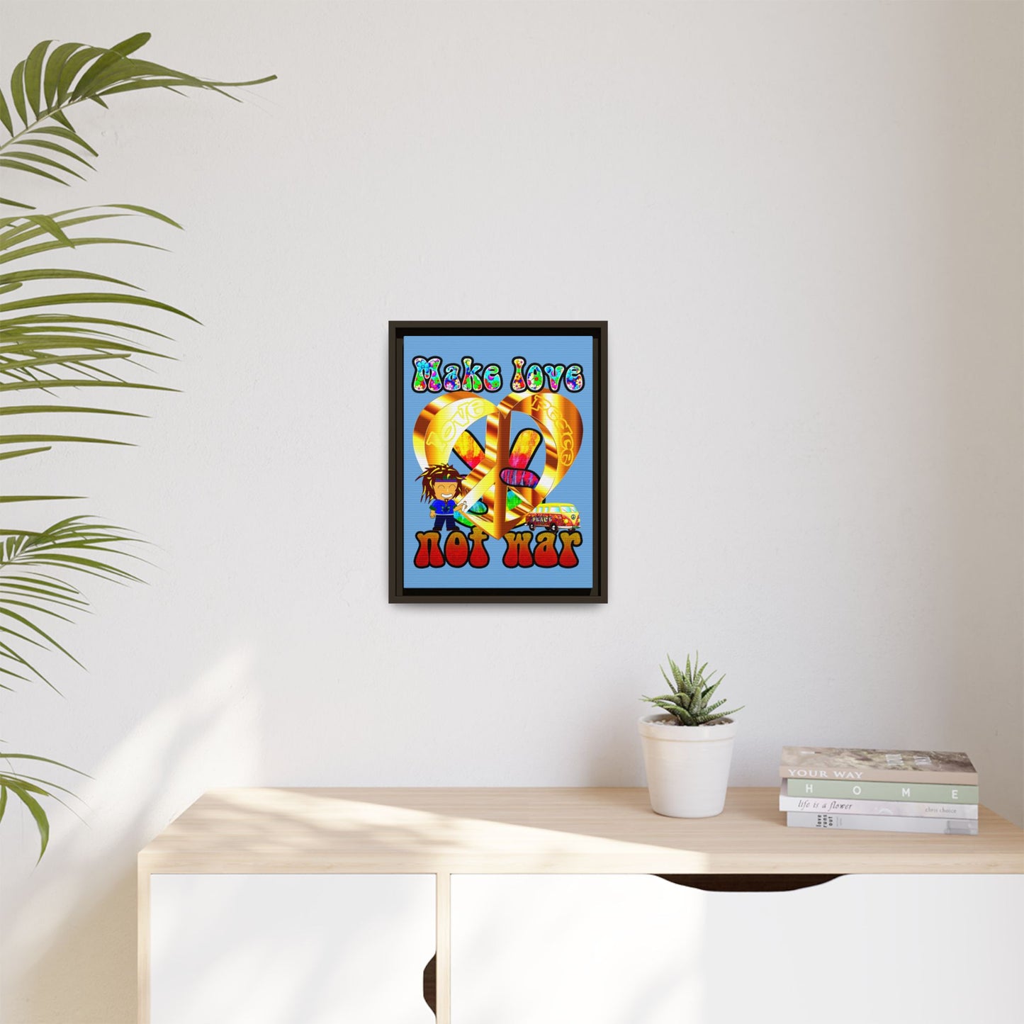 love peace - framed canvas art (light blue)