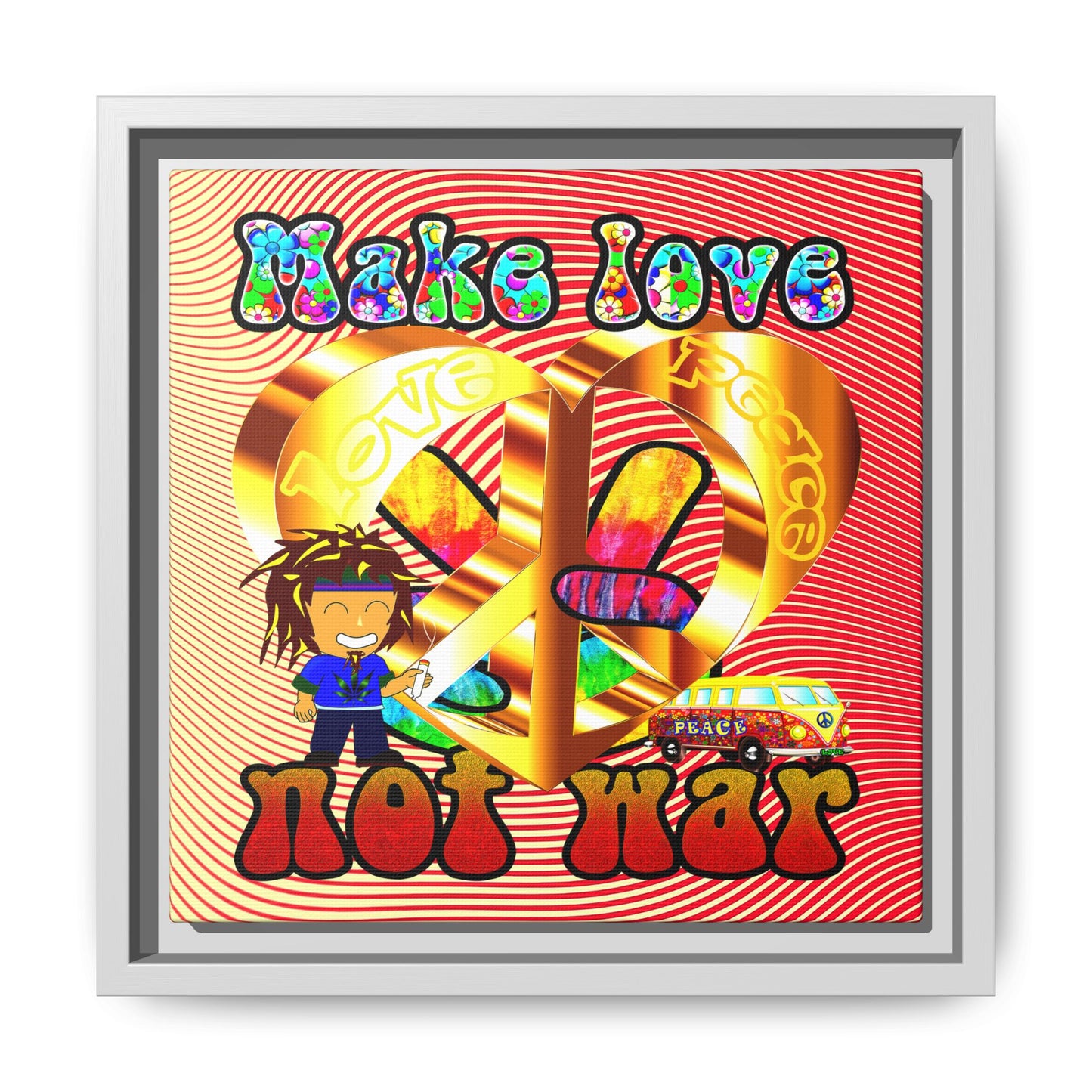 love peace - framed canvas art (yellow-orange wave)