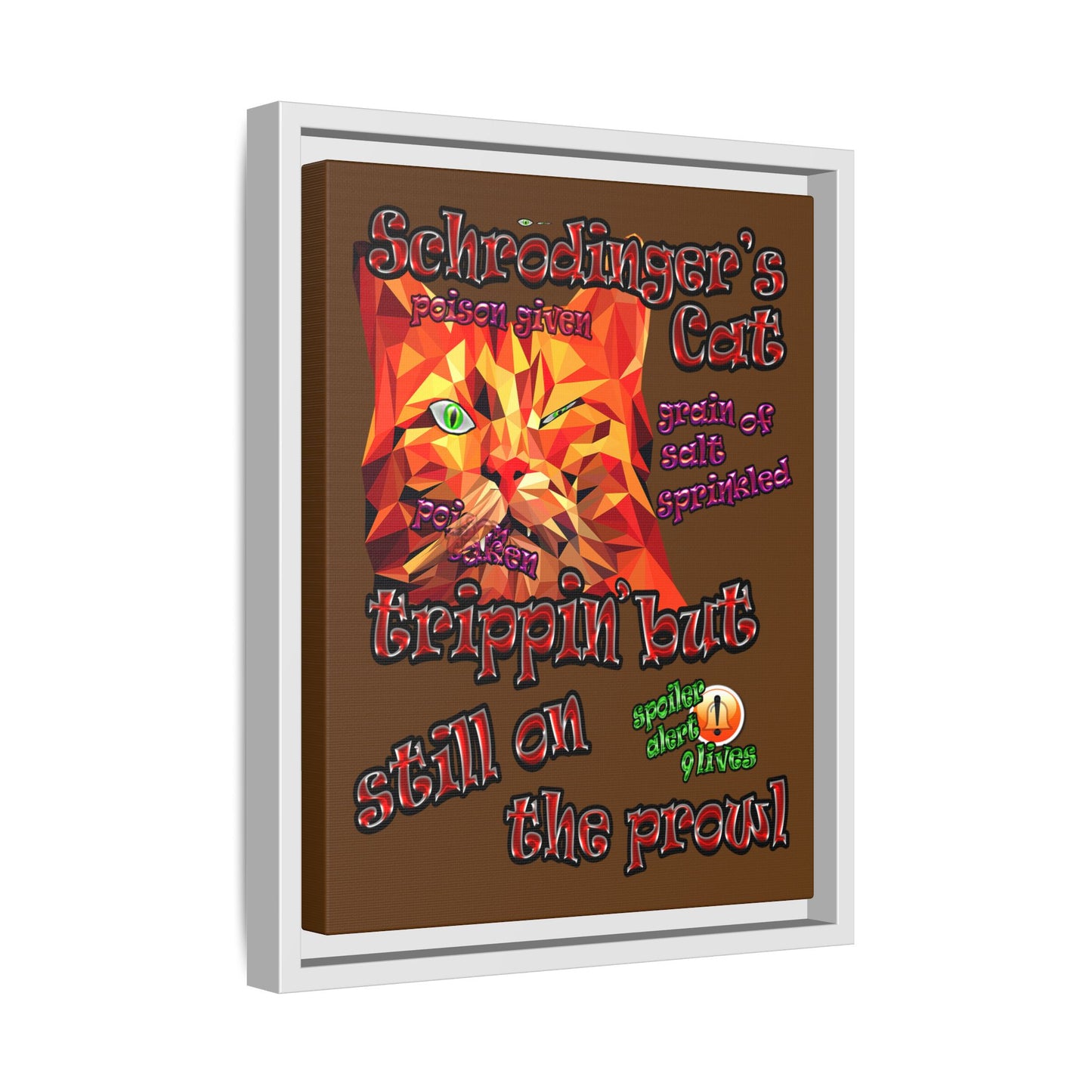 schrodinger's cat - framed canvas art (brown)
