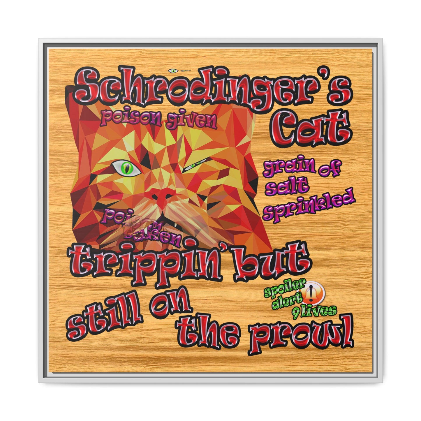 schrodinger's cat - framed canvas art (butterscotch wood finish)